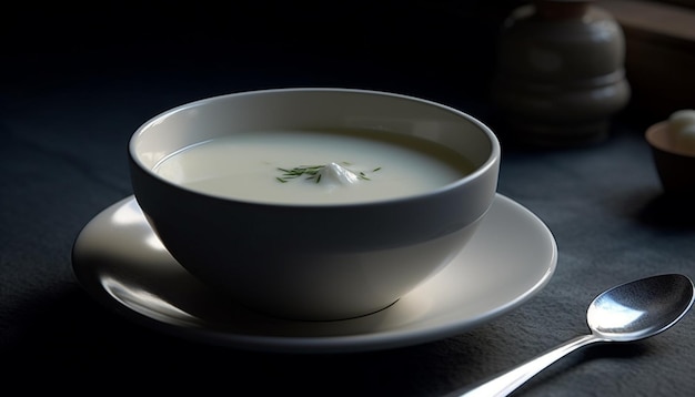 Świeża zupa z warzyw w eleganckim naczyniu na stole w pomieszczeniach generowana przez sztuczną inteligencję