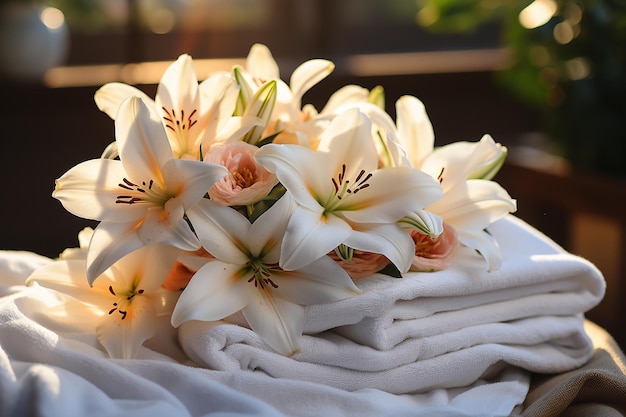 Świeże białe ręczniki z białymi kwiatami lilii