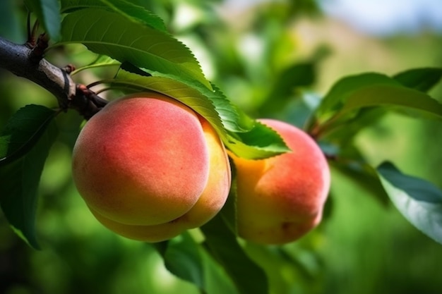 Świeże brzoskwinie z bliska na gałęziach drzew Pyszne i zdrowe odżywianie organiczne Generative AI