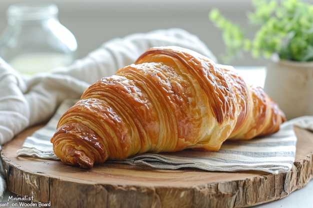 Świeże bujne croissanty na drewnianej desce z bliska tradycyjne francuskie ciastka zdrowy koncept śniadania