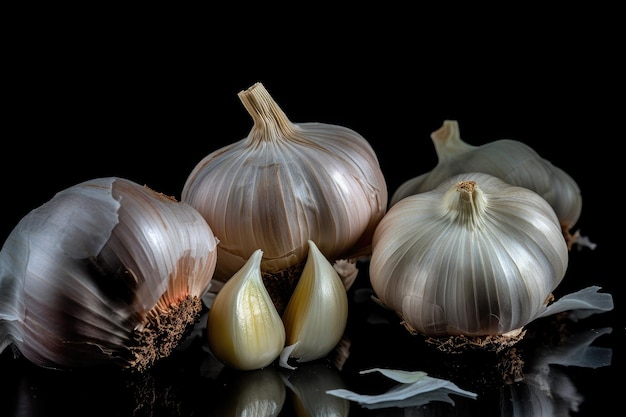 Świeże cebule i ząbki czosnku kontrastujące na czarnym tle generatywne IA
