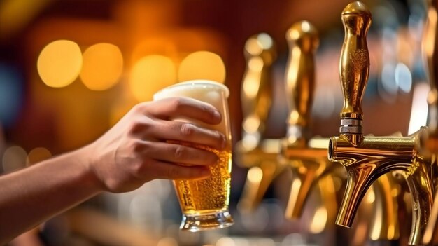 Świeże, chłodne piwo jest nalewane przez barmana przy kranie z piwem, aw restauracjach wykorzystywana jest Generative AI