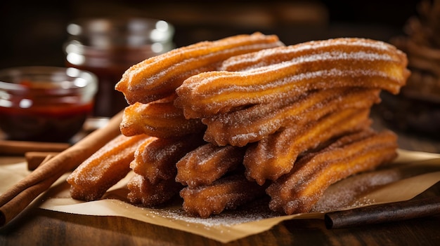 Zdjęcie Świeże churros z cukrem na ciemnym talerzu pary wznoszącej się na ciemnym tle