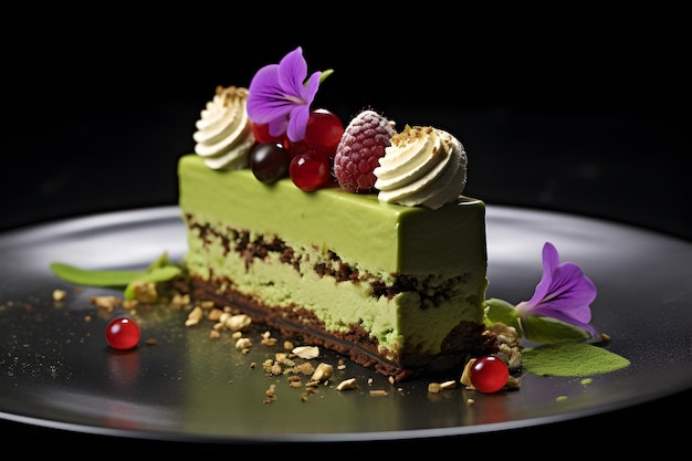 Zdjęcie Świeże ciasto o smaku matcha na talerzu ozdobionym kwiatami i jagodami