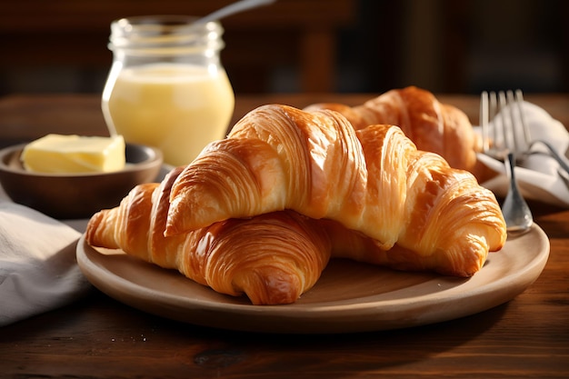 Świeże croissanty francuskie z masłem na stole