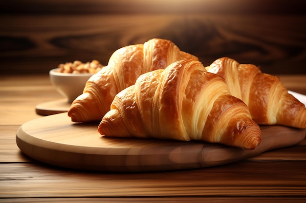 Świeże croissanty wystawione na drewnianej tablicy zapewniającej przestrzeń