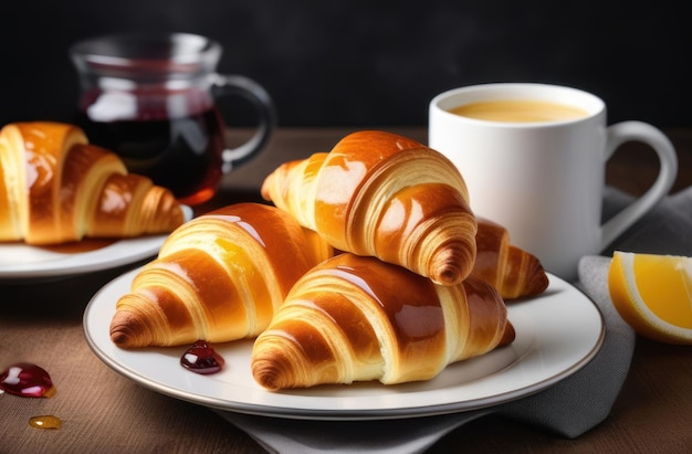 Świeże croissanty z dżemem i sokem pomarańczowym na śniadanie francuski deser