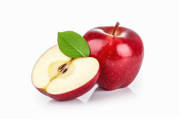 Świeże czerwone jabłka izolowane z naciętymi i zielonymi liśćmi na białym tle stworzone przy użyciu technologii Generative Ai