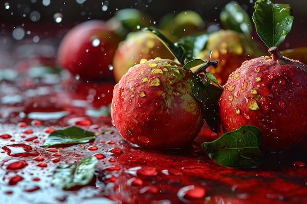 Świeże czerwone jabłka z zielonymi liśćmi i kropelami wody na ciemnym tle