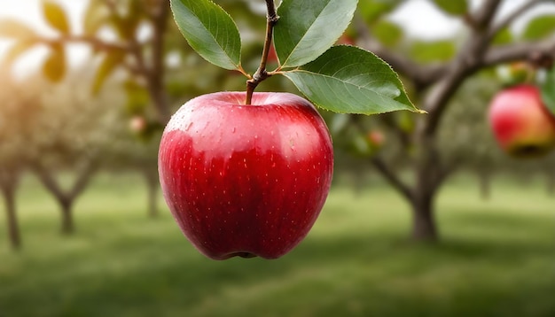 Świeże czerwone jabłko izolowane na tle drzew jabłkowych