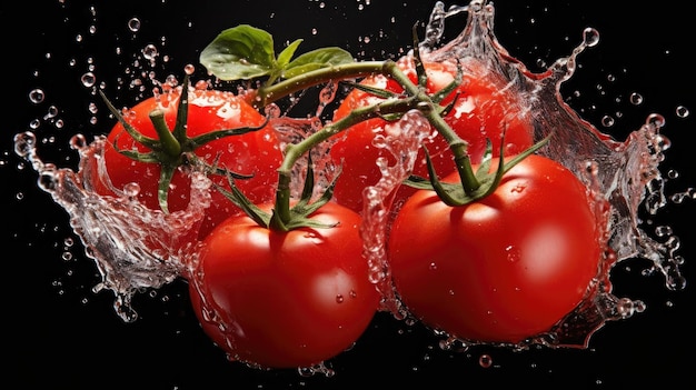 Świeże czerwone pomidory spryskane wodą na czarnym i niewyraźnym tle