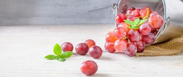 Świeże czerwone winogrona w małym wiaderku ze stali nierdzewnej do przygotowania do produkcji wina