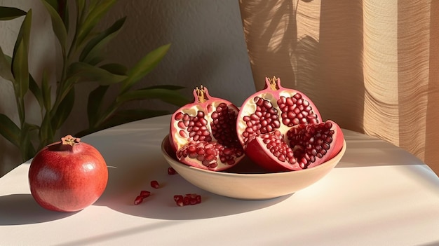 Świeże czyste czerwone owoce granatu przecięte na pół światłem słonecznym na stole Generative AI