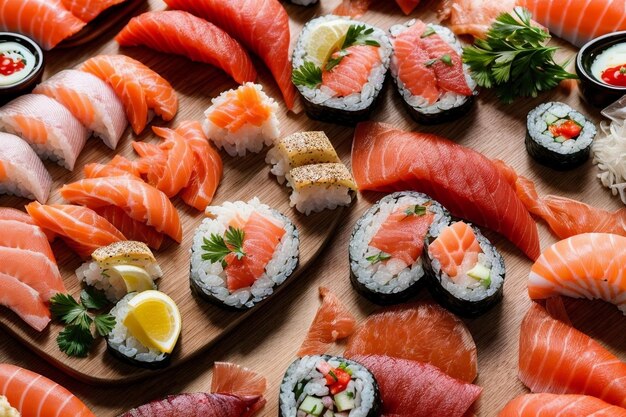 Świeże danie z owocami morza z sushi, sashimi i wasabi