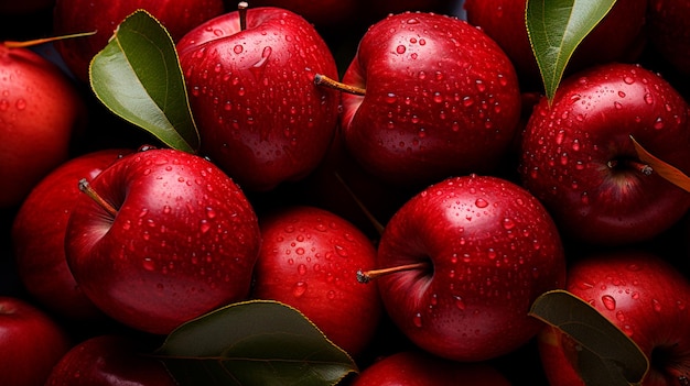 świeże dojrzałe czerwone jabłka z kropelami wody na czarnym tle