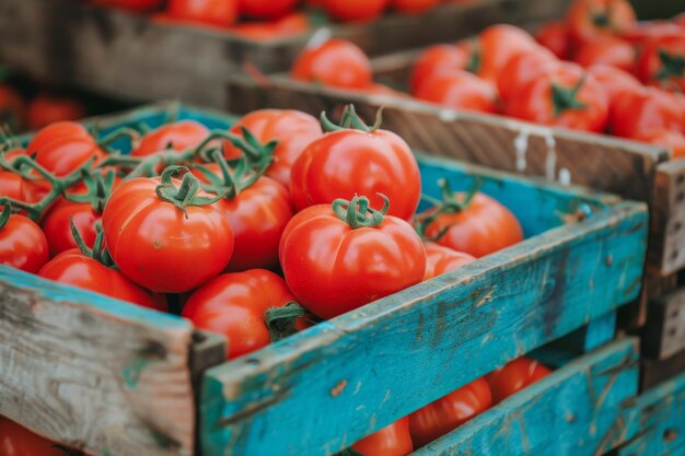Zdjęcie Świeże dojrzałe czerwone pomidory na letniej tarczy na targu rolnictwa ekologicznego
