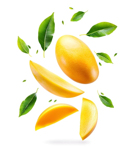 Zdjęcie Świeże dojrzałe mango z liśćmi spadającymi w powietrze odizolowane na białym tle