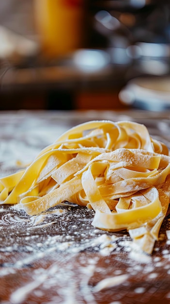 Zdjęcie Świeże domowe makarony na kuchennym stole