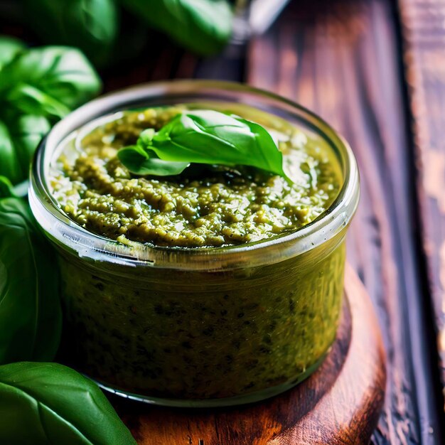 Świeże domowe pesto bazyliowe na rustykalnym drewnianym stole Selektywne skupienie