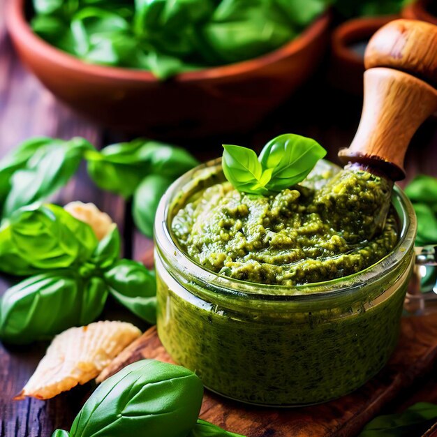 Świeże domowe pesto bazyliowe na rustykalnym drewnianym stole Selektywne skupienie