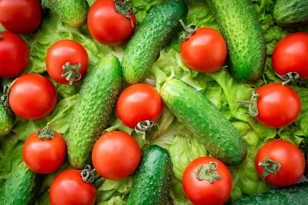 Zdjęcie Świeże ekologiczne pomidory i ogórki na widoku stołu z góry