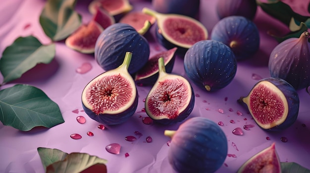 Świeże figi na fioletowym tle z bliska Zdrowy styl życia i weganizm koncepcja żywności egzotyczne owoce bogate w witaminy kolorowe i naturalne obrazy żywności AI