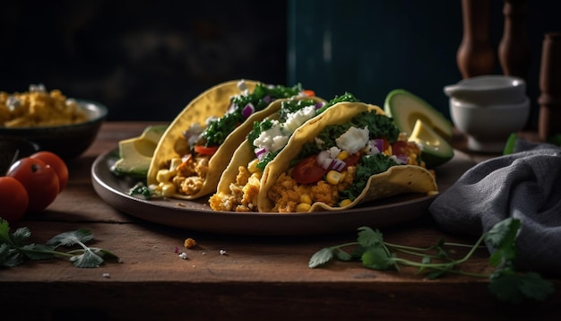 Świeże guacamole i taco z wołowiny na rusztycznym talerzu wygenerowanym przez sztuczną inteligencję