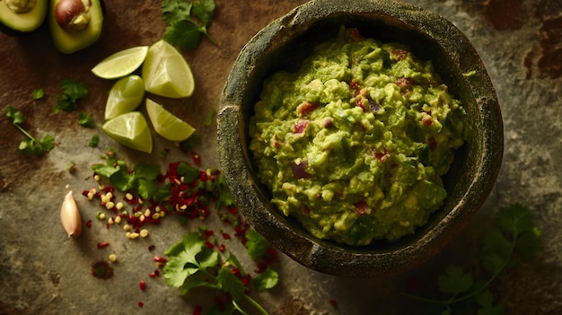 Świeże guacamole w kamiennej misce z chipsami tortilla