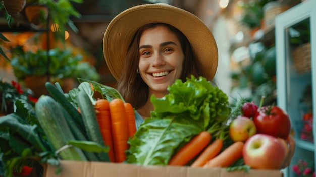 Świeże i organiczne warzywa dostarczane do twoich drzwi Kobiety ekscytujące dostarczanie