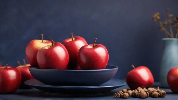 Świeże i soczyste czerwone jabłka na ciemno niebieskiej talerzu