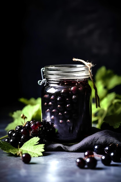 Świeże jagody czarnej porzeczki w szklanych słoikach na stołowych zielonych liściach w tle
