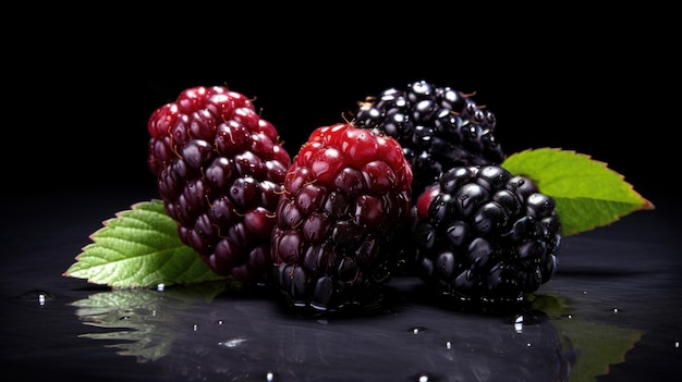 Zdjęcie Świeże jagody na ciemnym tle czarne jagody z zielonymi liśćmi pyszny zdrowy deser bogaty w witaminy i minerały organiczny produkt ekologiczny dla etykiety plakat broszury blog żywności