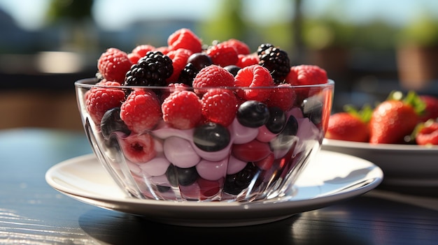 Świeże jagody w szklanej misce na drewnianym stole Zdrowe jedzenie