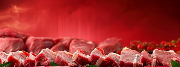 Świeże kawałki mięsa na czerwonym tle szeroki poziomy panoramiczny baner z przestrzenią do kopiowania lub strona internetowa h