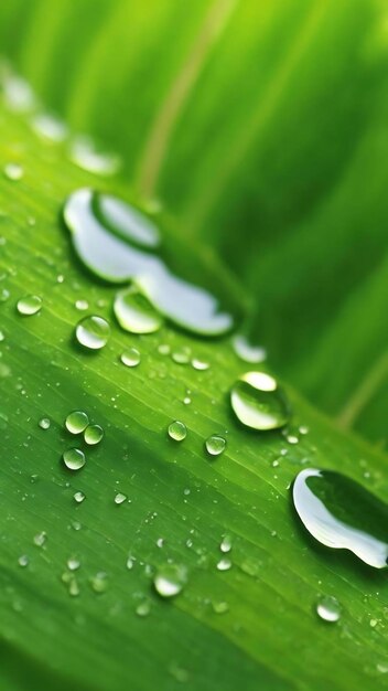 Świeże krople wody na powierzchni zielonego liścia