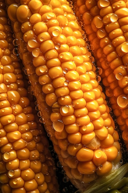 Zdjęcie Świeże kukurydzy na kolbach i krople wody widok z bliska w tlegeneratywna sztuczna inteligencja