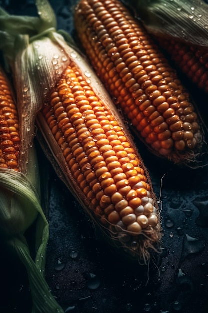 Świeże kukurydzy na kolbach i krople wody widok z bliska w tleGeneratywna sztuczna inteligencja