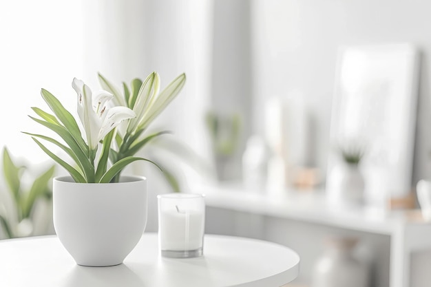 Świeże kwiaty w białym wazonie umieszczone na małym stole w jasnym pomieszczeniu z malowidłami w doniczkach