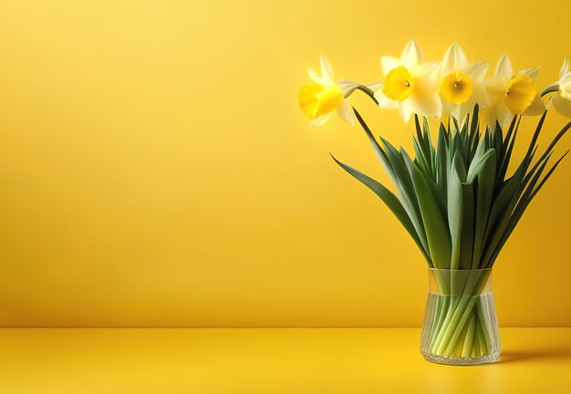 Świeże kwiaty wiosenne, bukiet narcyzów w szklanym wazonie na żółtym tle, walentynki na Dzień Matki