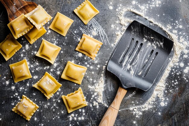 Zdjęcie Świeże makarony ravioli z białym sosem i surową spatulą do makaronów na biurku