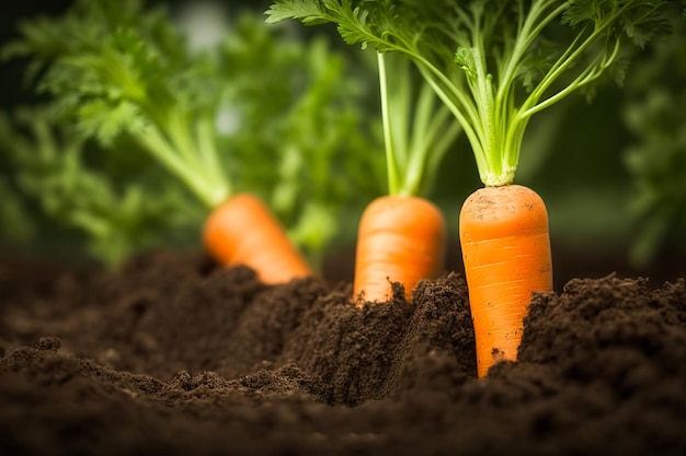 Świeże marchewki wyrastające z żyznej gleby w ogrodzie Koncepcja zdrowej żywności Generative ai