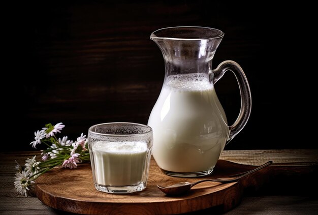 Zdjęcie Świeże mleko krowie w szklance i dzbanku na drewnianym stole