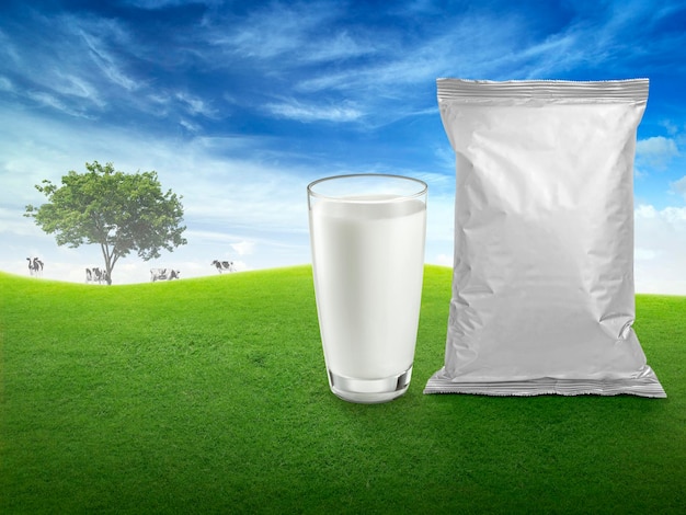 Świeże mleko w szklanych i foliowych opakowaniach do żywności niewyraźne tło z krowami na łące zdrowe odżywianie