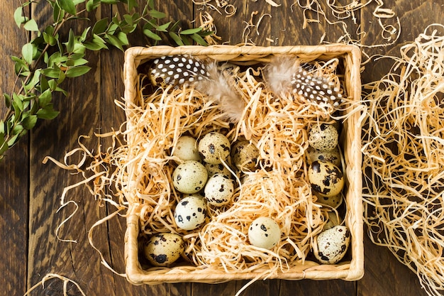 Świeże, naturalne jajka przepiórcze w pudełku ze słomy i wikliny. widok z góry.