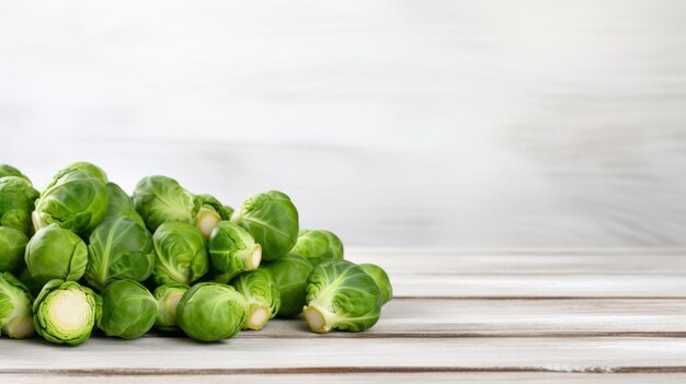 Świeże organiczne brukselki warzywne fotorealistyczne poziome tło. Zdrowa dieta wegetariańska. Tło generowane przez AI z przestrzenią do kopiowania. Soczyste brukselki warzywne.