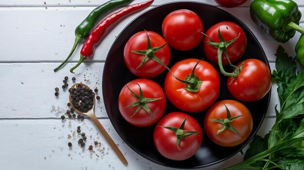 Świeże organiczne czerwone pomidory na czarnym talerzu na białym drewnianym stole z zielonym i czerwonym pieprzem chili