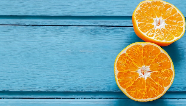 Zdjęcie Świeże organiczne pomarańcze na pół owoców na niebieskim drewnianym tle z przestrzenią kopiowania