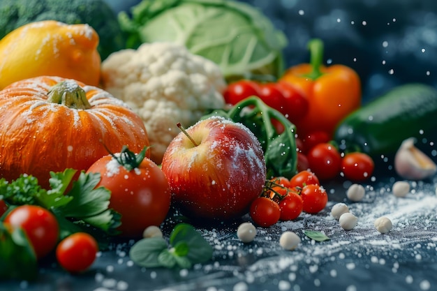 Świeże organiczne warzywa i owoce na ciemnym tle z kapielkami wody dla zdrowia