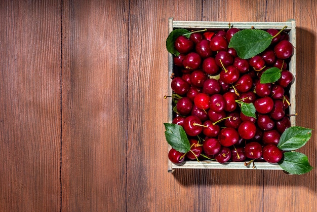 Świeże organiczne wiśnie letnie z farmy w małym drewnianym pudełku na tacy z widokiem z góry