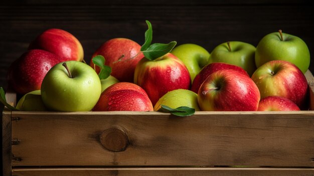 Świeże organiczne zielone i czerwone jabłka w drewnianym pudełku na ciemno szarym tle